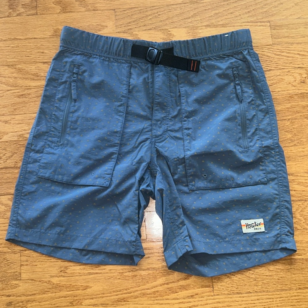 Howler Bros Packable Shorts Mens 34 Pedernales Geometric Belted Zip Pockets